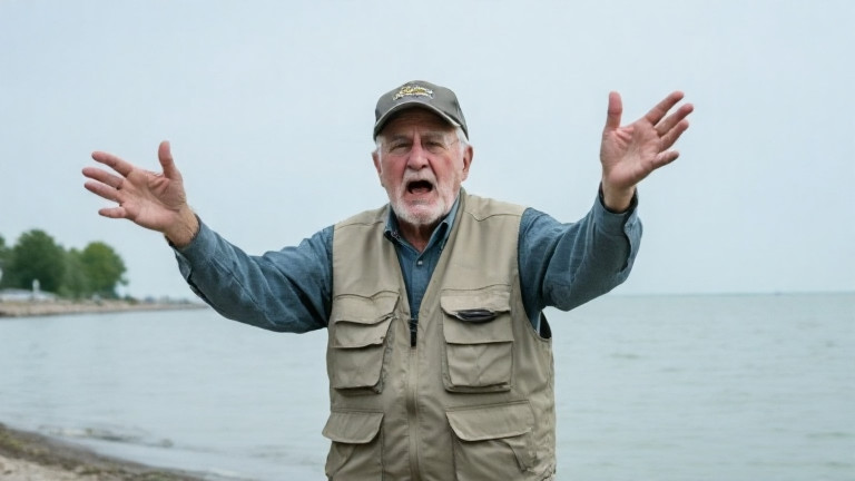 elderly man in fishing vest gesturing dramatically at Lake Erie shoreline