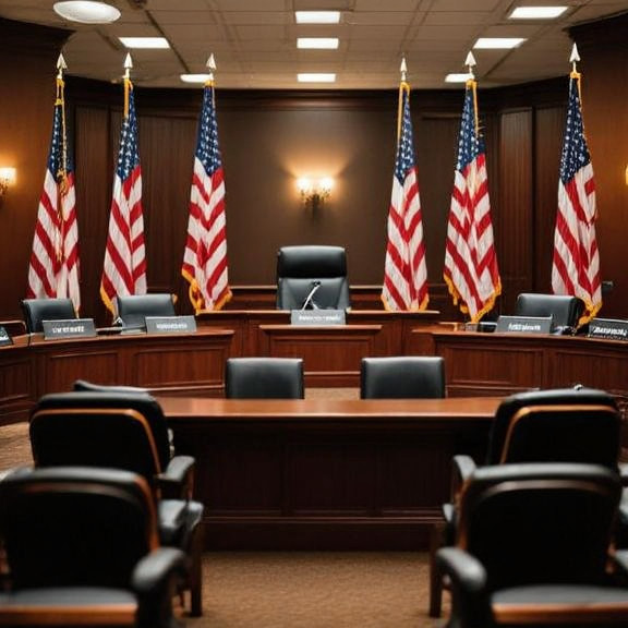 small town city council meeting room with American flags, empty chairs