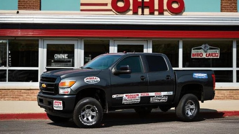 pickup truck with bumper stickers parked outside Ohio diner