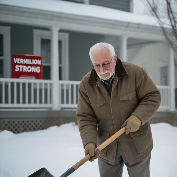 elderly man in vintage WWII jacket shoveling snow in front of a home with "Vermilion Strong" sign