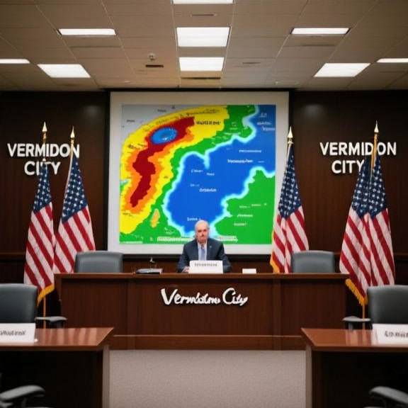 Vermilion City Council meeting room filled with American flags, empty chairs, and a large map of ice storm paths