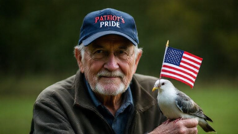 elderly man in a "Patriot's Pride" cap holding a large perch with a small American flag tied to its tail
