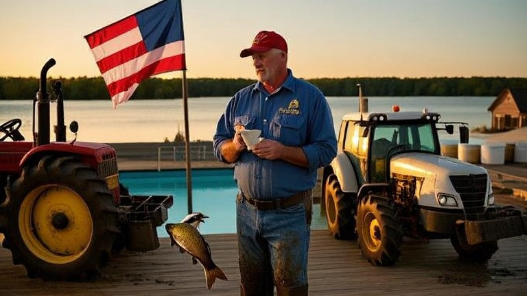 woman farmer in muddy boots leaning on tractor at sunrise, looking at thermometer in hand