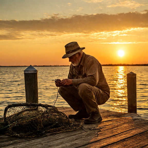 elderly fisherman in weathered hat mending nets on wooden dock at sunrise, Lake Erie behind him