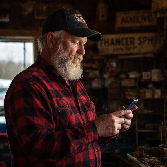 bait shop owner in worn flannel shirt pointing at cat on phone in cluttered bait shop