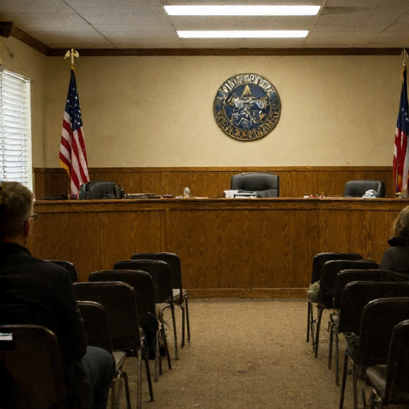 Vermilion City Council meeting room with American flags, empty chairs