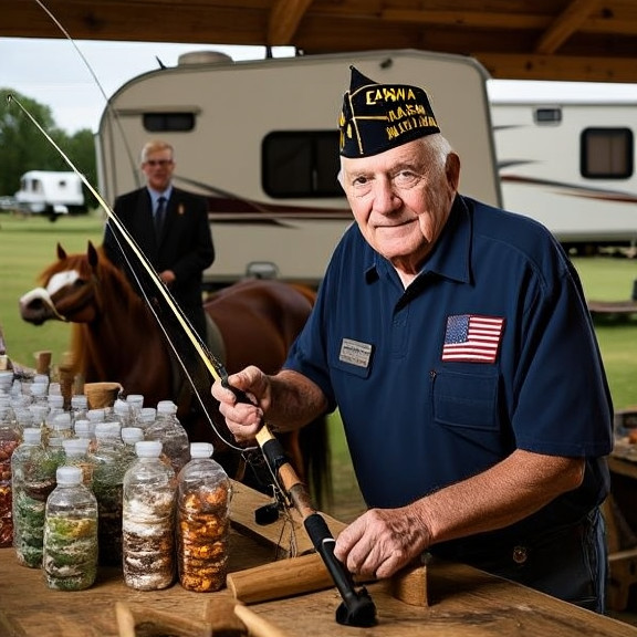 retired veteran in VFW cap holding a fly rod at Vermilion bait shop counter