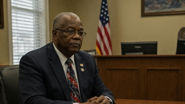 Vermilion City Council meeting room with American flags, empty chairs