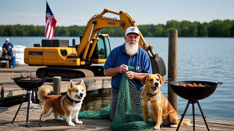 elderly fisherman mending nets on weathered dock