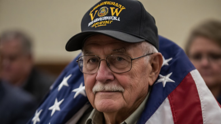 retired veteran in VFW cap standing proudly at a Vermilion City Council meeting with a flag draped over his shoulders