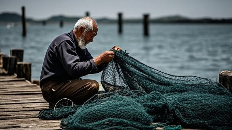 elderly fisherman mending nets on weathered dock