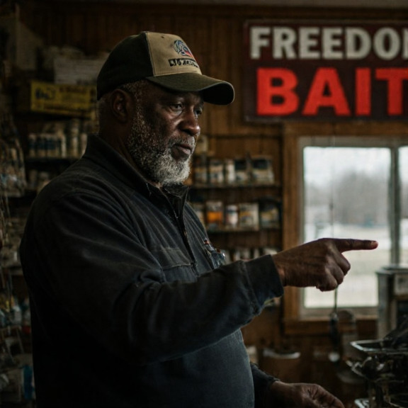 local bait shop owner (Marvin "Mack" McAllister) pointing at his "Freedom Bait" sign