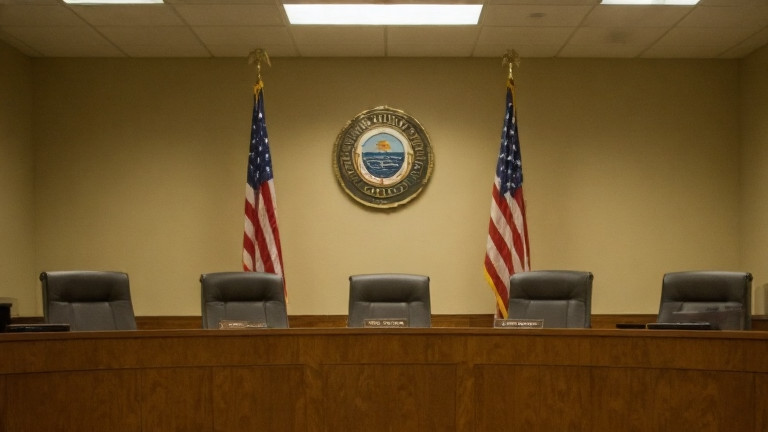 Vermilion City Council meeting room with American flags, empty chairs