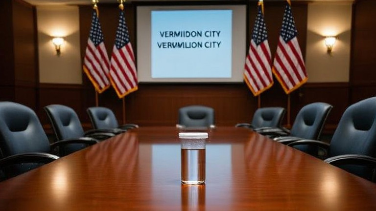 Vermilion City Council meeting room with American flags, empty chairs, and a water sample on the table