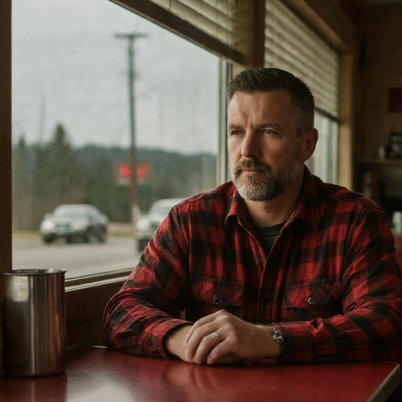 truck driver in flannel shirt at roadside diner counter