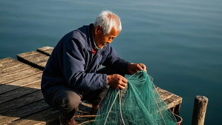 elderly fisherman mending nets on weathered dock