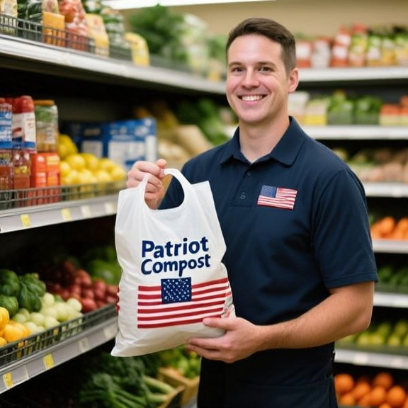 grocery store clerk stocking shelves in small market, holding a bag labeled "Patriot Compost" with American flag logo