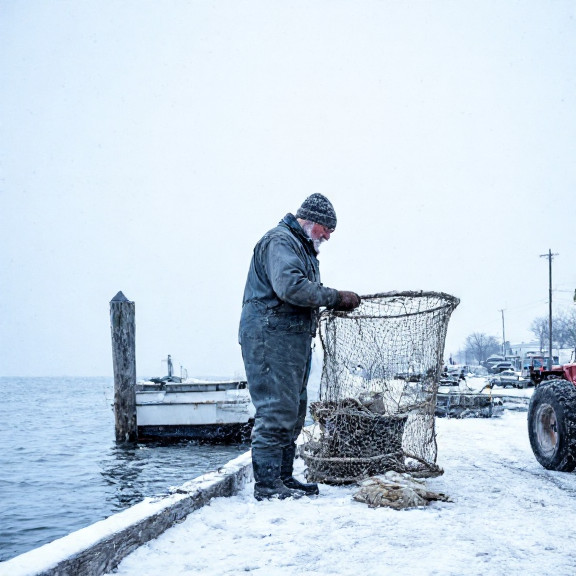 elderly fisherman mending nets on weathered dock while snow falls on Lake Erie