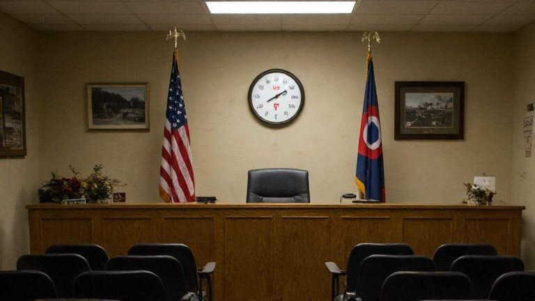 small town city council meeting room with American flags, empty chairs, and a thermometer showing 9°F