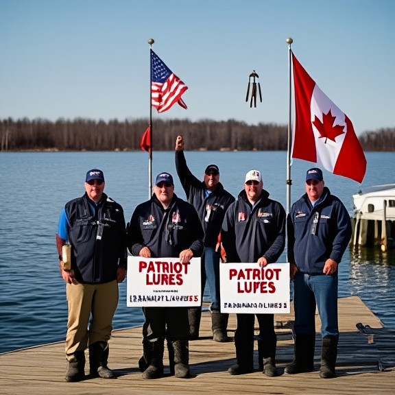 group of fishermen holding up "Patriot Lures" signs on Lake Erie dock