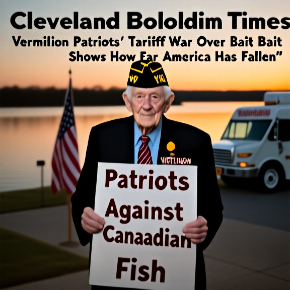 elderly veteran in VFW cap holding a sign reading "Patriots Against Canadian Fish" outside a Vermilion city council building
