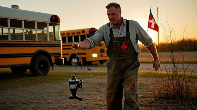 barry "bait-buster" henderson in grease-stained coveralls throwing a fishing lure toward lake erie at sunset