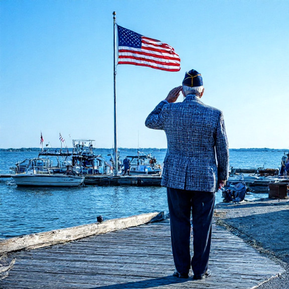 retired veteran in VFW cap saluting American flag atop Lake Erie marina