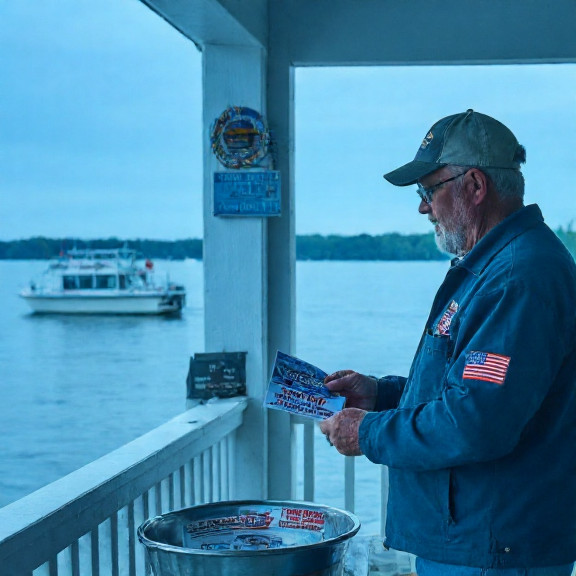 bait shop owner in faded VFW jacket handing out bumper stickers to school kids at lakefront park