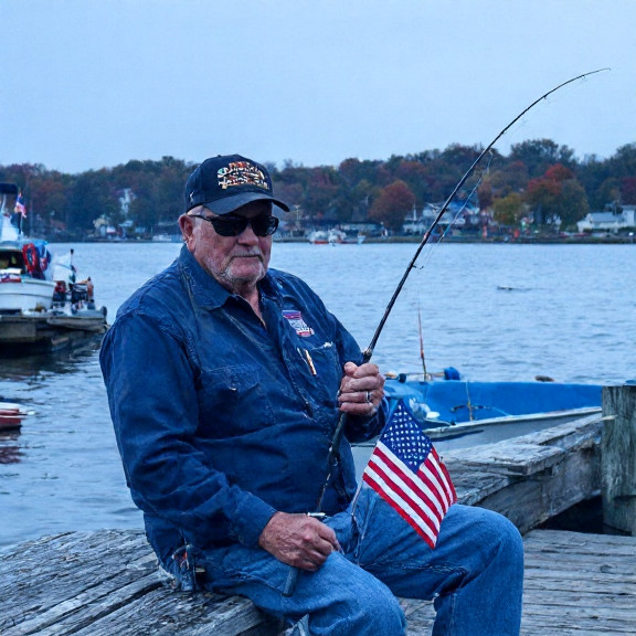 retired veteran in VFW cap holding fishing rod on weathered Vermilion dock, American flag draped over boat