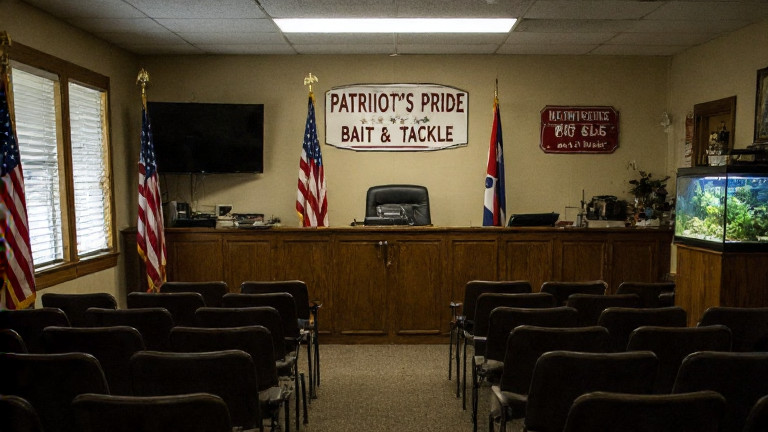 small town city council meeting room with American flags, empty chairs, and a "Patriot's Pride Bait & Tackle" sign on the wall