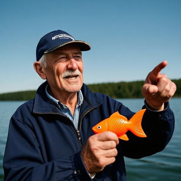 elderly fisherman in stained cap pointing emphatically at Lake Erie while holding a plastic fish toy