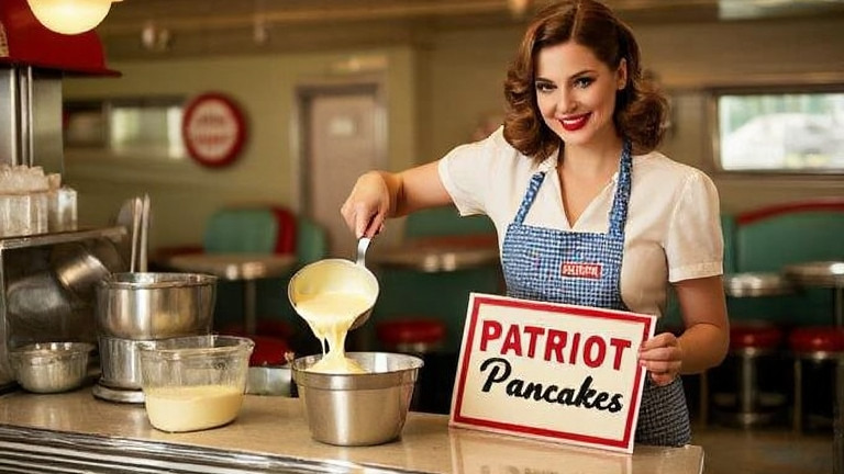 woman in apron pouring batter at vintage diner counter while holding a "Patriot Pancakes" sign