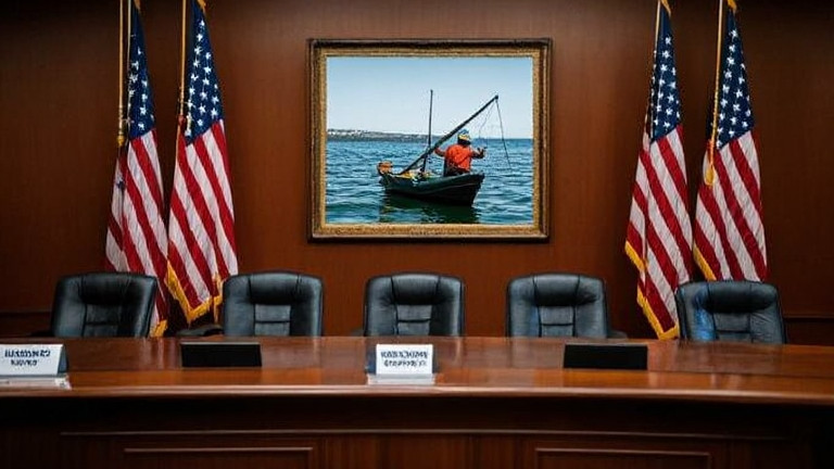 Vermilion City Council meeting room with American flags, empty chairs, and a framed photo of a fisherman