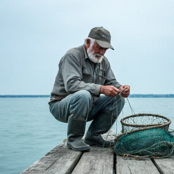 elderly fisherman mending nets on weathered dock overlooking Lake Erie