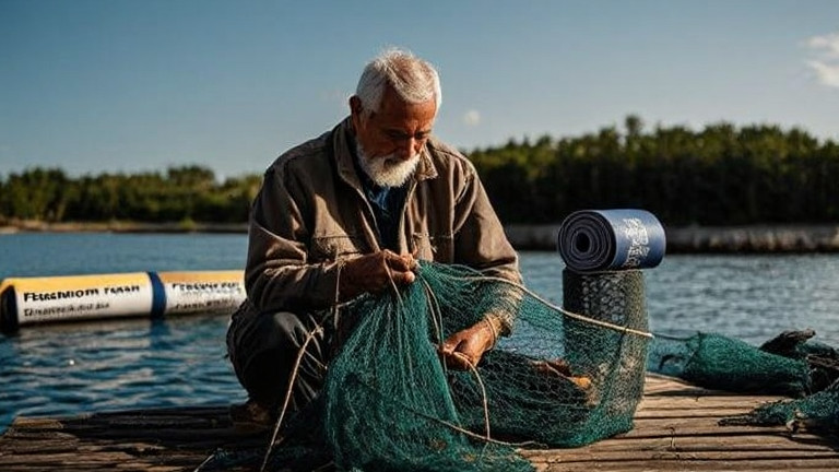 elderly fisherman mending nets on weathered dock with Freedom Wrap roll visible in background
