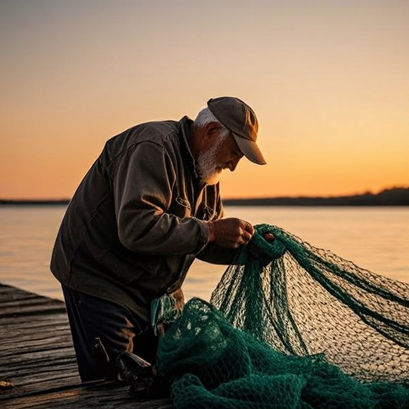 elderly fisherman mending nets on weathered dock at sunrise, Lake Erie in background