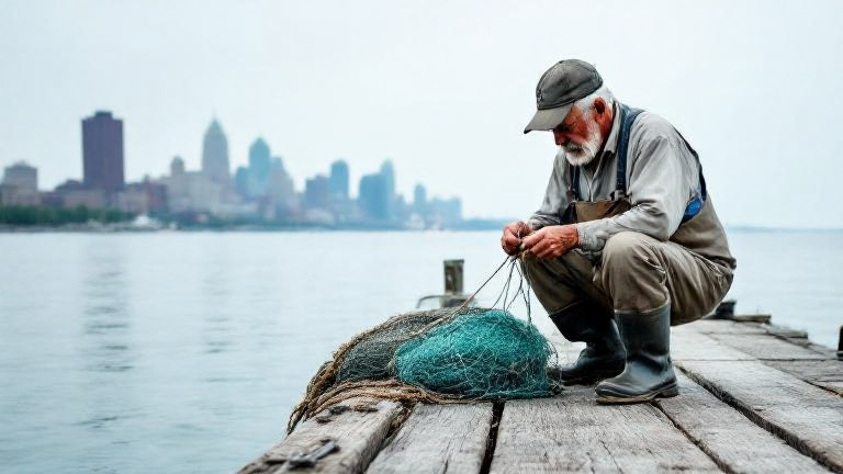 elderly fisherman mending nets on weathered dock at Lake Erie with Vermilion skyline in background