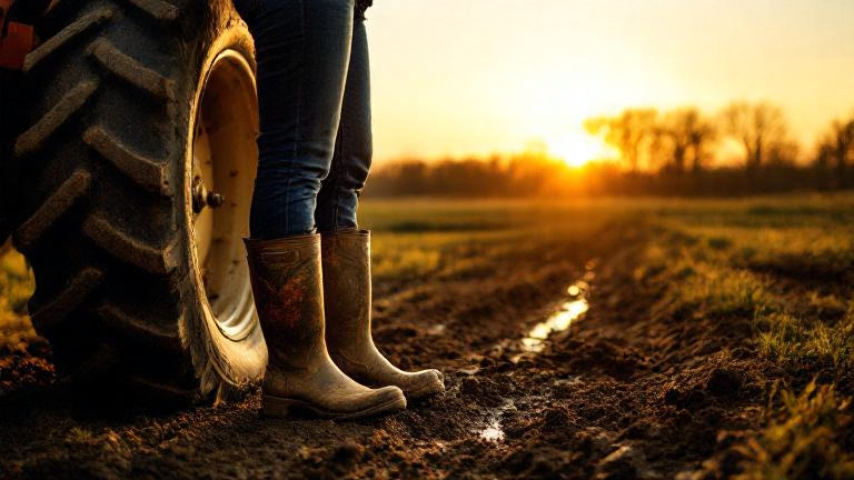 woman farmer in muddy boots leaning on tractor at sunrise outside Vermilion, Ohio