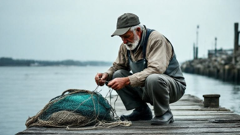 elderly fisherman mending nets on weathered dock