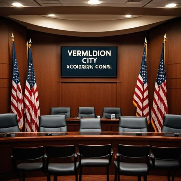 Vermilion City Council meeting room with American flags, empty chairs