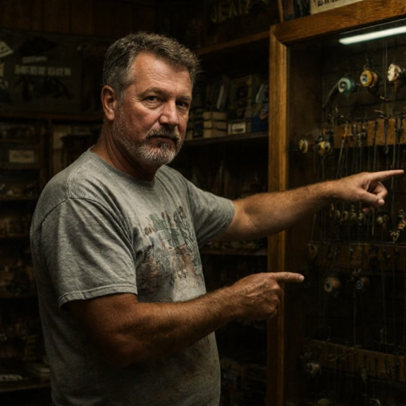 bait shop owner in stained t-shirt pointing at vintage fishing tackle display