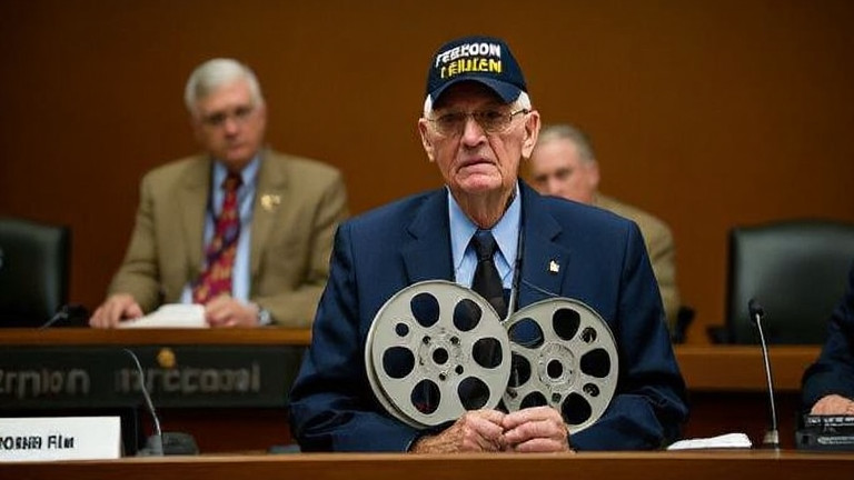 retired veteran holding "Freedom Film" reel at Vermilion City Council meeting