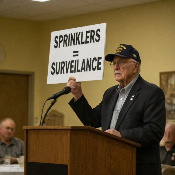 retired veteran in VFW cap at community center podium, holding a protest sign "Sprinklers = Surveillance"