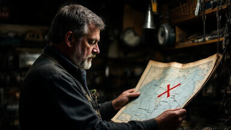 bait shop owner examining a vintage fishing map with a red X marked on Lake Erie