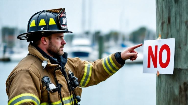 firefighter in turnout gear pointing at marina sprinkler system with a red "NO" sign taped to it