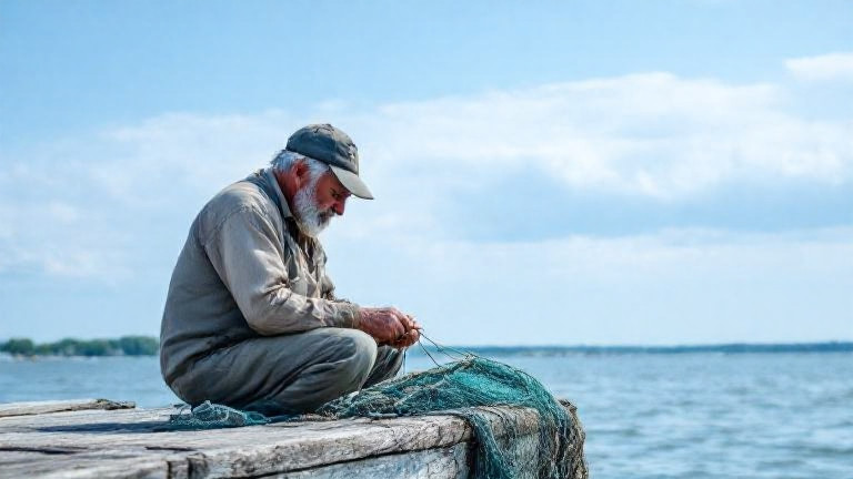 elderly fisherman mending nets on weathered dock while staring at partly cloudy Lake Erie sky