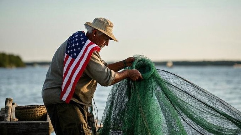 elderly fisherman mending nets on weathered dock with American flag draped over shoulder