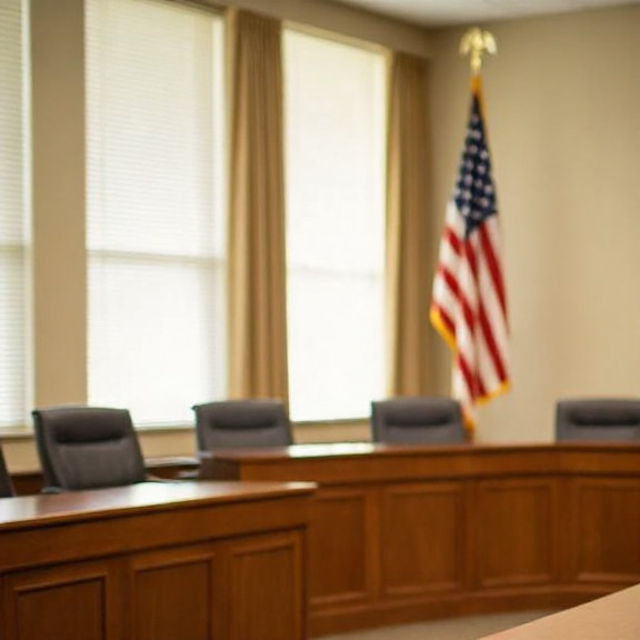Vermilion City Council meeting room with American flags, empty chairs