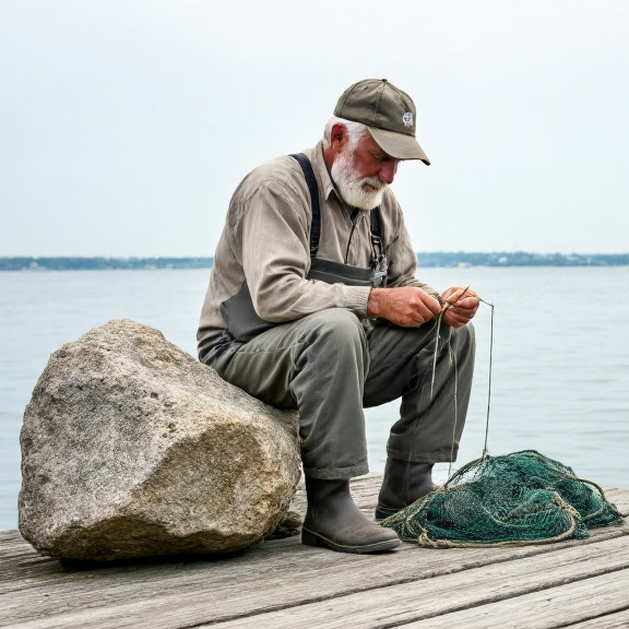 elderly fisherman mending nets on weathered dock with a large Lake Erie rock beside him