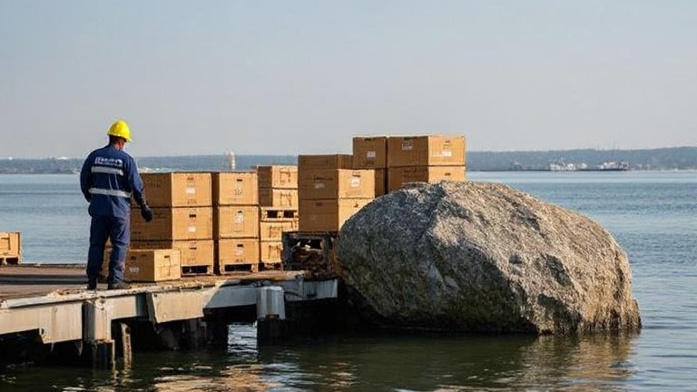 dock worker unloading crates at Lake Erie pier with a large rock visible in the foreground